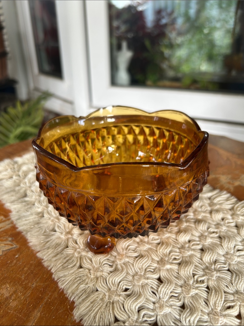 Amber Pressed Glass Pedestal Candy Dish